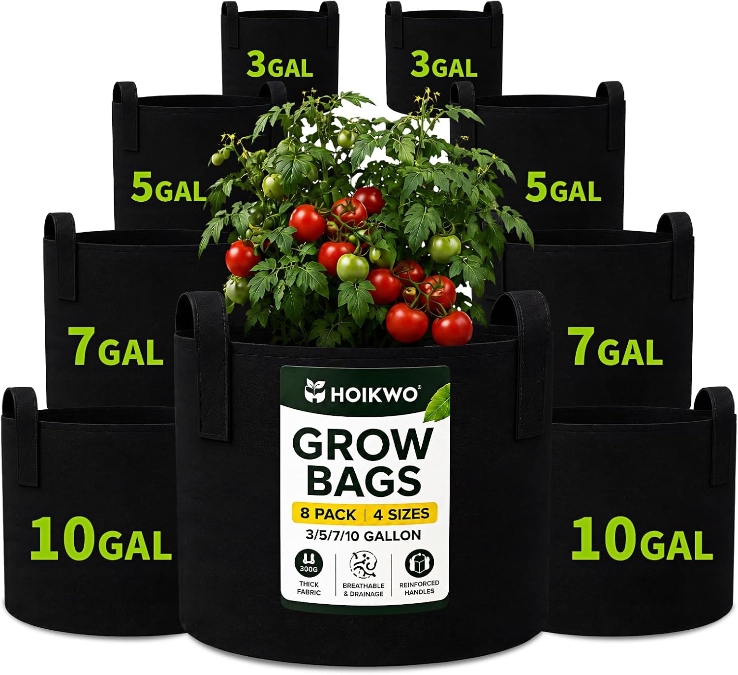 Hoikwo 10-Pack Assorted Sizes Fabric Grow Bags, 5 Pack Each of 5&10 Gallon | Black Non-Woven Bags with Reinforced Handles, Portable Planter Containers for Vegetables, Indoor Outdoor Garden Patio - Image 8