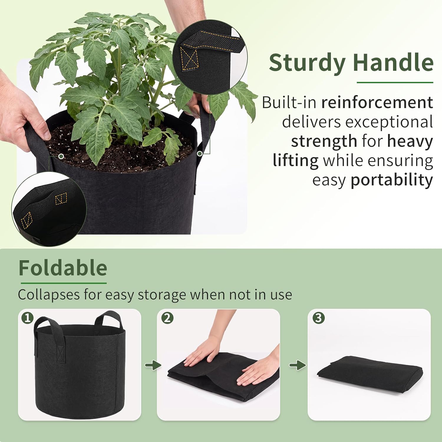 Hoikwo 10-Pack Assorted Sizes Fabric Grow Bags, 5 Pack Each of 5&10 Gallon | Black Non-Woven Bags with Reinforced Handles, Portable Planter Containers for Vegetables, Indoor Outdoor Garden Patio - Image 4
