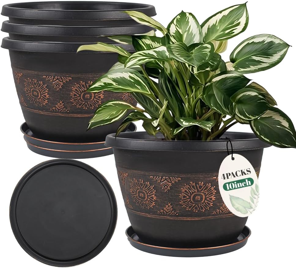 Usocik 10 Inch Plant Pots, 4 Pack, Copper Retro Floral | PP plastic flower pots with 8 drainage holes and matching saucers for flowers, herbs, houseplants, patios and porches