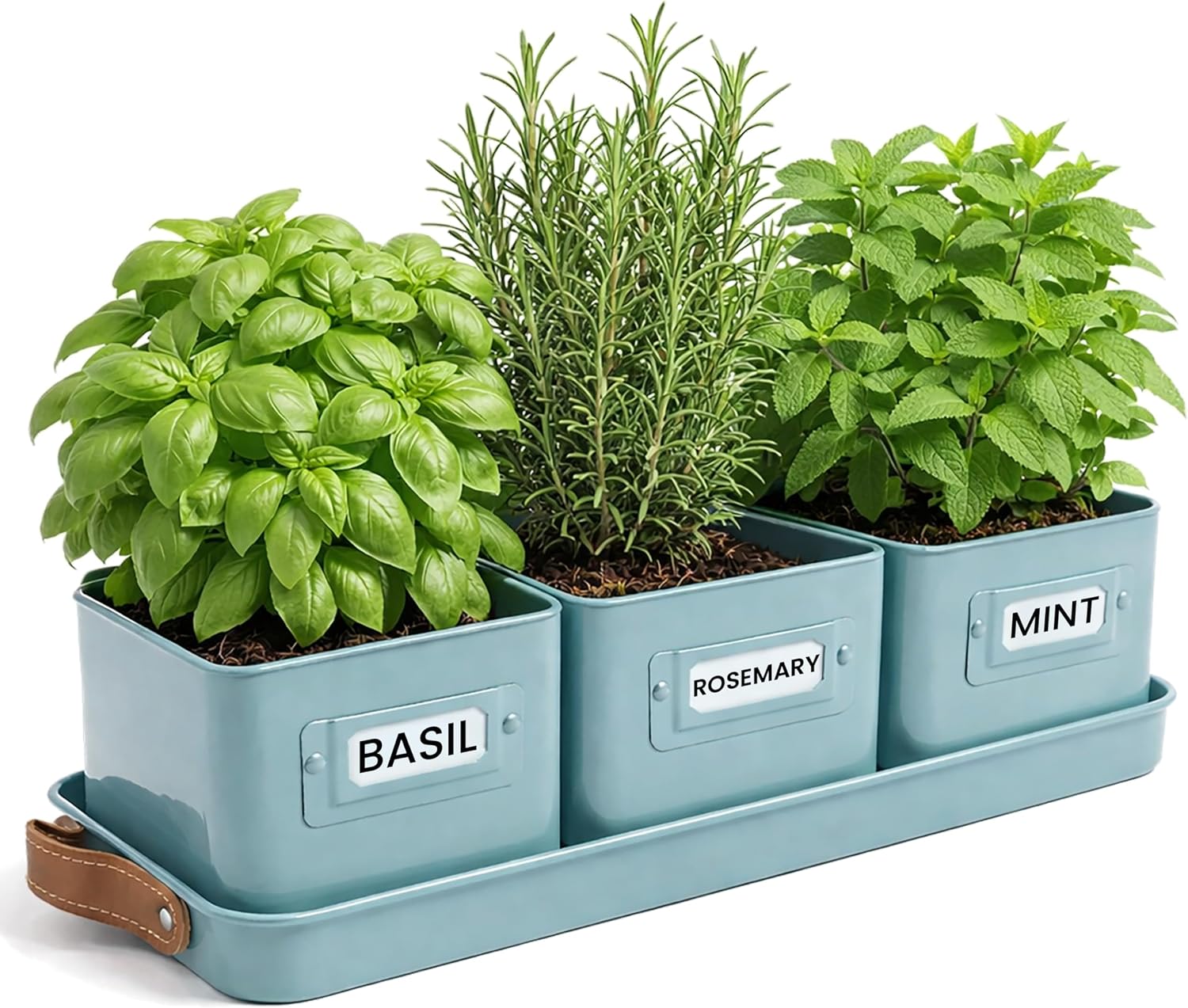 volila Herb Planter Indoor - Set of 3 Teal Blue Indoor Herb Garden Pots for Plants with Leather Handled Tray - Window Sill Plant Shelf - Herb Pots with Drainage Holes and Labels volila Herb Planter Indoor - Set of 3 Teal Blue Indoor Herb Garden Pots for Plants with Leather Handled Tray - Window Sill Plant Shelf - Herb Pots with Drainage Holes and Labels - Image 1